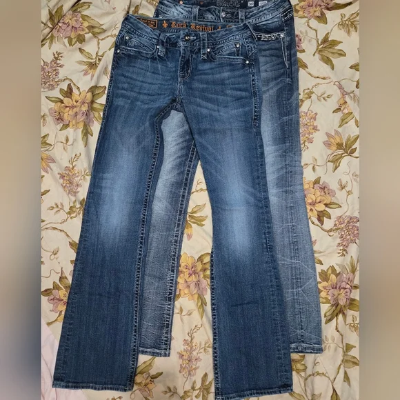 Y2K Miss Me & Rock Revival Women's Blue Denim Bootcut Jeans Bling Pockets - Picture 2 of 7